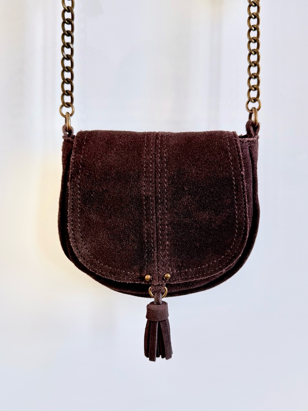 American Eagle Dark Brown Suede Mini Tassel Crossbody Chain Bag